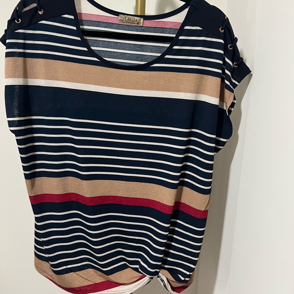 Lavish Blue and Black Cap Sleeve Blouse Relaxed Buttoned Style